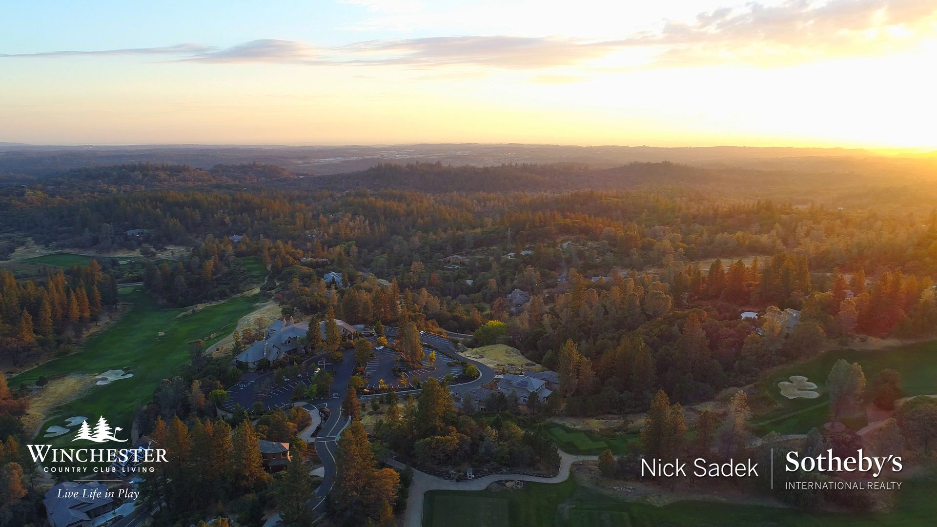 Aerial sunset view of Winchester Country Club community