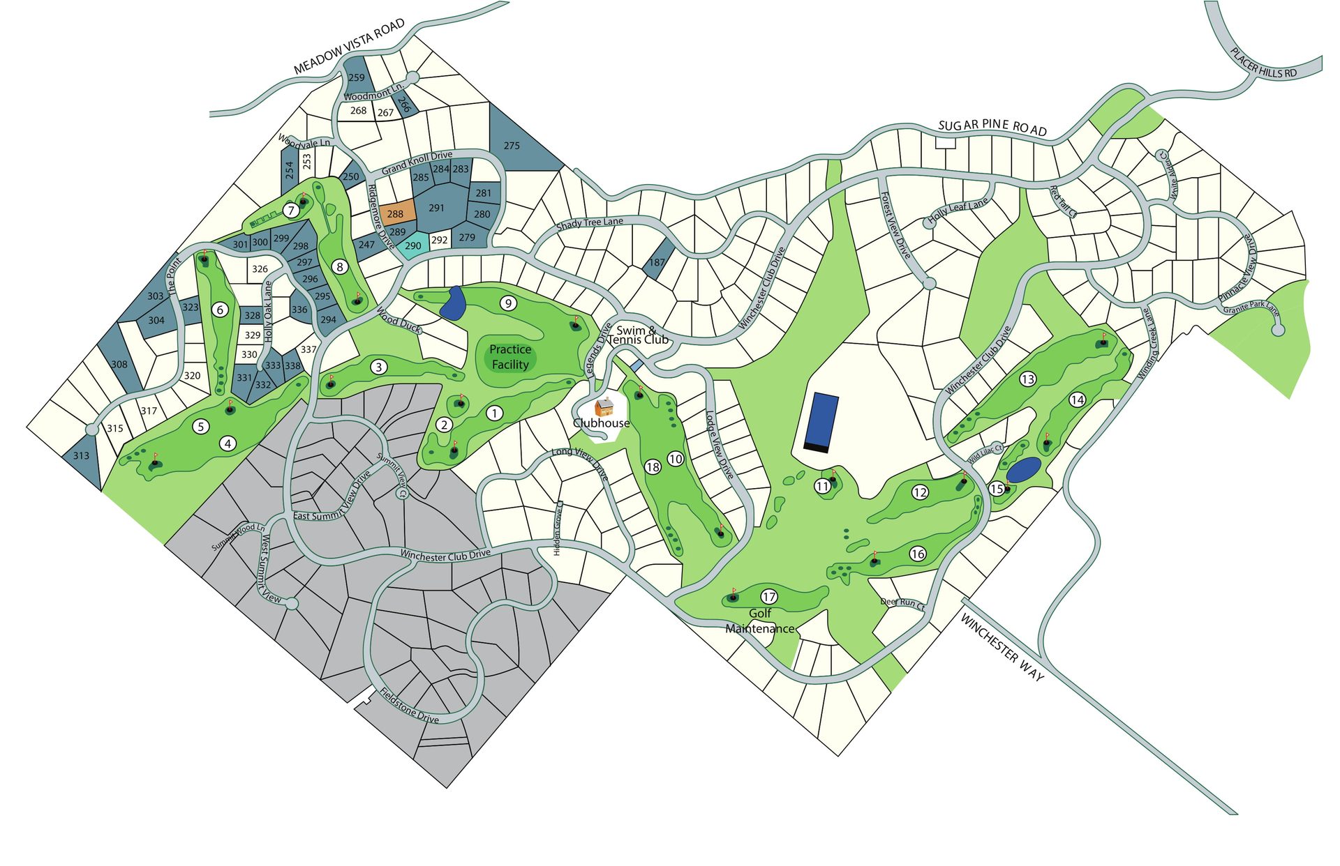 Winchester Country Club community map showing neighborhoods and amenities